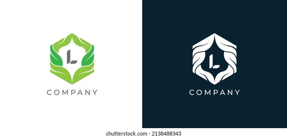 Green Leaf Hexagon Logo sign icon symbol Design with Letter L. Vector illustration logo template