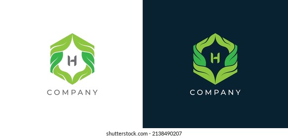 Green Leaf Hexagon Logo sign icon symbol Design with Letter H. Vector illustration logo template