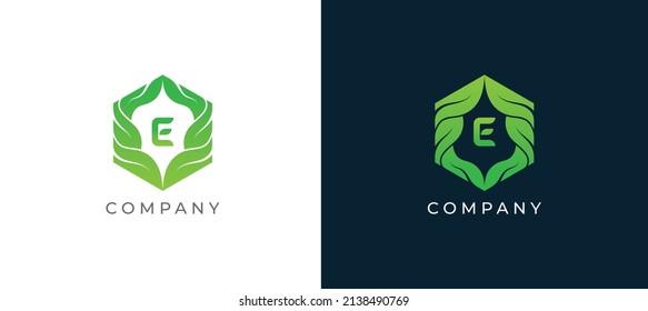 Green Leaf Hexagon Logo sign icon symbol Design with Letter E. Vector illustration logo template