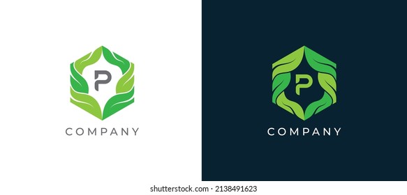 Green Leaf Hexagon Logo sign icon symbol Design with Letter P. Vector illustration logo template