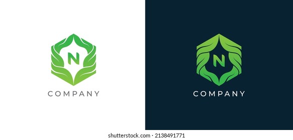 Símbolo del icono del logotipo de la hoja verde Símbolo Diseño con letra N. Plantilla de logotipo de ilustración de vector