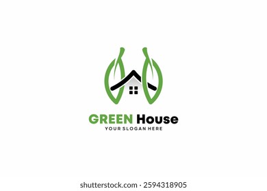 Green leaf house logo design with innovation symbol letter H