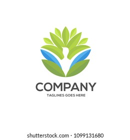 green leaf and human character logo sign, yoga and health care logo vector