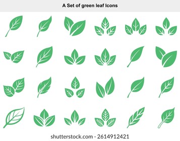 Green leaf icon collection features assorted botanical elements with white backgrounds. Eco-friendly leaf icons, minimalist and fresh, for nature-themed designs.