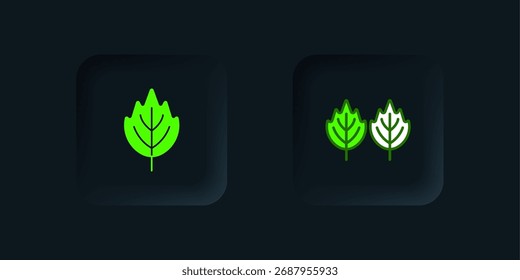 Icono de hoja verde aislado sobre fondo negro. Señal de hojas. Símbolo de producto natural fresco. Botón cuadrado negro. Vector