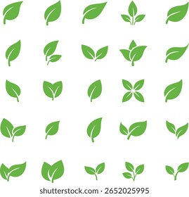 Green Leaf Icon Set – Eco-Friendly Nature Symbols for Organic, Botanical, and Environmental Design


