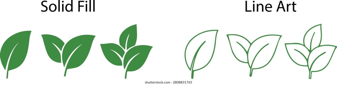Green Leaf icon Set, Minimal Nature Plant leaves Logo Collection, Modern Symbol Set of Single one, two and three Fresh Organic Leaves Vector 