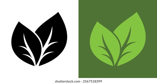 Green leaf icon. Icon of two leaves. Leaves icon on isolated background. Design elements for natural, eco, vegan, bio labels. Vegan, 100 per cent organic