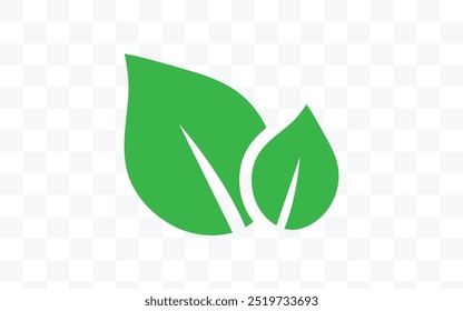 Green leaf icon with two overlapping leaves on a white background, symbolizing nature, eco-friendliness, and sustainability in a simple, modern design.