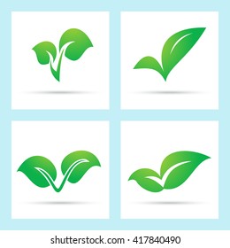 Green leaf icons. Green check marks symbols of leaves. Concepts for eco-friendly and natural products. Vector illustration
