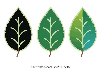 Iconos de hojas verdes en diferentes estilos, incluyendo negro sólido, verde plano y degradado texturizado. Ilustración vectorial que representa la naturaleza, el medio ambiente, los productos orgánicos y la ecología aislados sobre un fondo blanco.