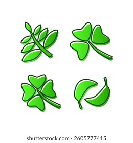 Green leaf icons feature a minimal and modern style, ideal for eco friendly branding, nature themed designs, and organic product packaging. The flat vector format ensures versatility and scalability.