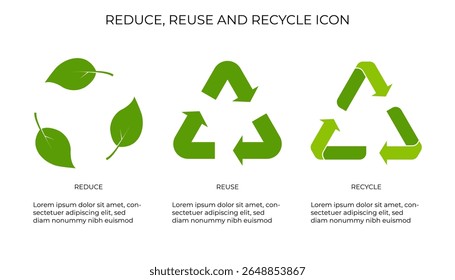 Green leaf icons for "Reduce," a classic recycling symbol for "Reuse," and a stylized, shaded recycling symbol for "Recycle," illustrating eco-friendly principles.