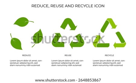 Green leaf icons for "Reduce," a classic recycling symbol for "Reuse," and a stylized, shaded recycling symbol for "Recycle," illustrating eco-friendly principles.
