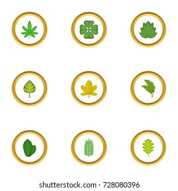 Green leaf icons set. Cartoon style set of 9 green leaf vector icons for web design