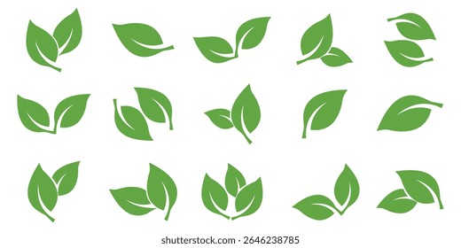 Grüne Blattsymbole einzeln auf weißem Hintergrund.