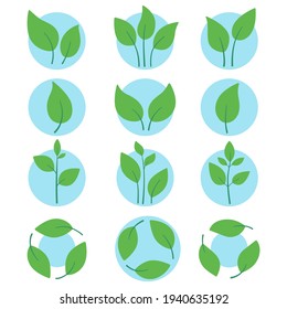 Green leaf icons set. Green leaves, sprout, ecology, eco, organic, bio. Logo on a white background. Flat vector illustration.