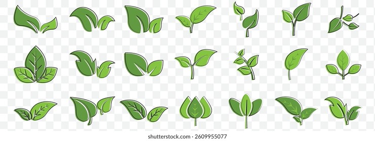 Green leaf icons set. Leaves icon on isolated background. Collection green leaf. Elements design for natural, eco, vegan, bio labels on Transparent Background.  Vector illustration EPS 10.