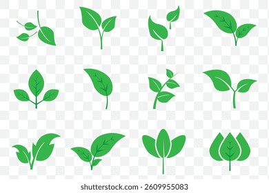 Green leaf icons set. Leaves icon on isolated background. Collection green leaf. Elements design for natural, eco, vegan, bio labels on Transparent Background.  Vector illustration EPS 10.