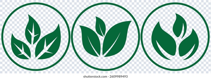 Green leaf icons set. Leaves icon on transparent background. Collection green leaf. Elements design for natural, eco, vegan, bio labels.