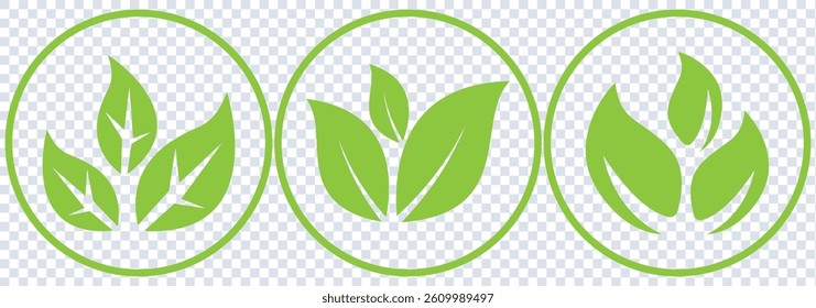 Green leaf icons set. Leaves icon on transparent background. Collection green leaf. Elements design for natural, eco, vegan, bio labels.