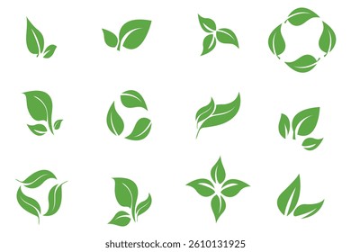 Green leaf icons set. Leaves icon on isolated background. Collection green leaf. Elements design for natural, eco, vegan, bio labels. Vector illustration. Ecology leaf element.