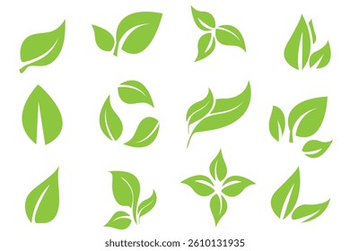 Green leaf icons set. Leaves icon on isolated background. Collection green leaf. Elements design for natural, eco, vegan, bio labels. Vector illustration. Ecology leaf element.
