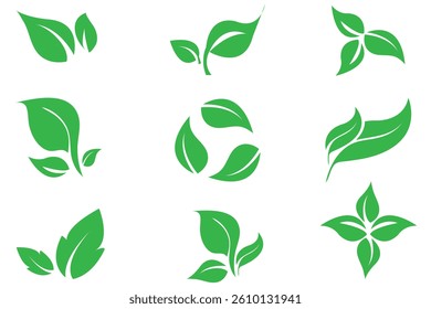 Green leaf icons set. Leaves icon on isolated background. Collection green leaf. Elements design for natural, eco, vegan, bio labels. Vector illustration. Ecology leaf element.