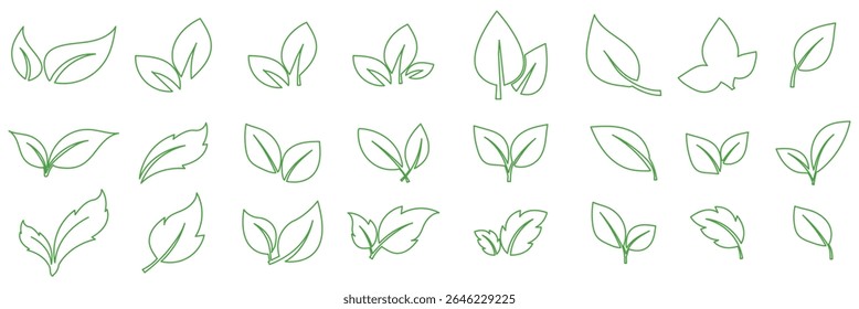 Green leaf icons set. Leaves icon. Collection green leaf. Elements design for natural, eco, vegan, bio labels. Leaf line art collection for coloring books, patterns, stickers. Foliage contour. 