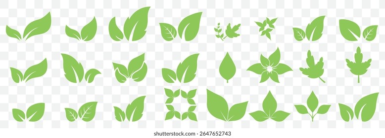 Green leaf icons set. Leaves icon on isolated background. Collection green leaf. Elements design for natural, eco, vegan, bio labels. Vector illustration on Transparent Background. EPS 10.