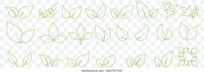 Green leaf icons set. Leaves icon on isolated transparent background. Collection green leaf. Elements design for natural, eco, vegan, bio labels. Vector illustration EPS 10.