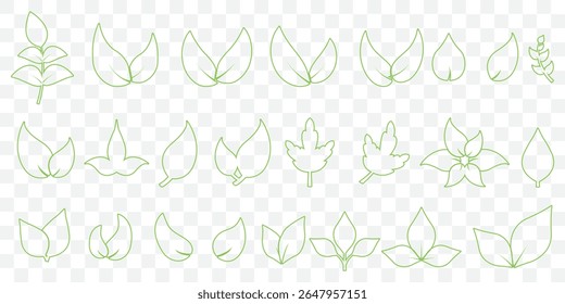Green leaf icons set. Leaves icon on isolated transparent background. Collection green leaf. Elements design for natural, eco, vegan, bio labels. Vector illustration EPS 10.