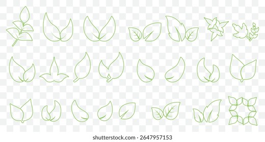 Green leaf icons set. Leaves icon on isolated transparent background. Collection green leaf. Elements design for natural, eco, vegan, bio labels. Vector illustration EPS 10.