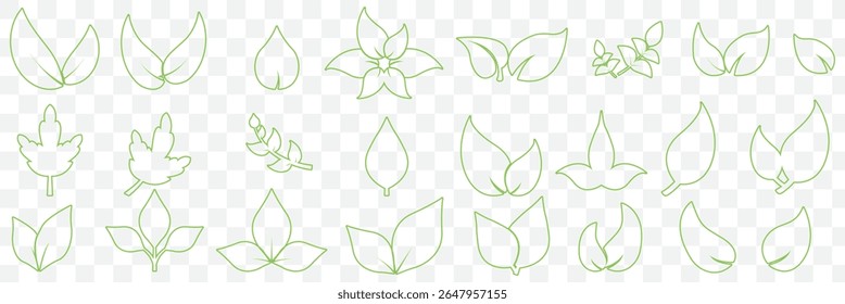 Green leaf icons set. Leaves icon on isolated transparent background. Collection green leaf. Elements design for natural, eco, vegan, bio labels. Vector illustration EPS 10.