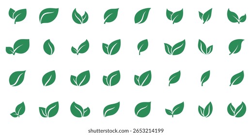 Conjunto de iconos de hoja verde. Icono de hojas sobre fondo aislado. Símbolos de hoja verde colección. Iconos de la hoja de la ecología elemento de la naturaleza, hoja verde, medio ambiente y naturaleza eco signo. Hojas sobre fondo blanco.