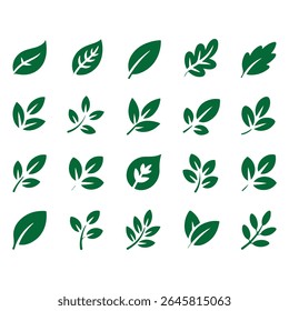 Green Leaf Icons Set Nature Ecology Symbols leaves