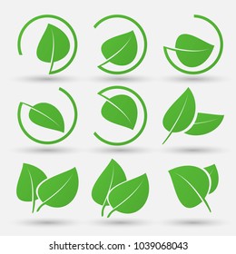 green leaf icons set on white background