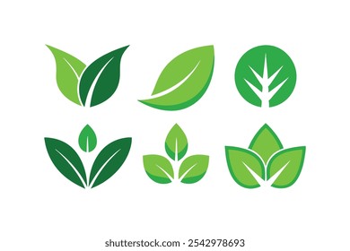 Conjunto de iconos de hojas verdes vegetarianos, veganos, ecológicos y orgánicos logotipo de hierbas etiquetas ilustración de Arte vectorial.