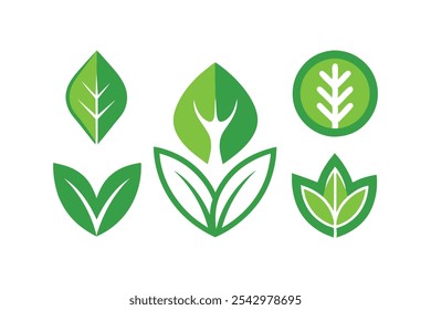 Conjunto de iconos de hojas verdes vegetarianos, veganos, ecológicos y orgánicos logotipo de hierbas etiquetas ilustración de Arte vectorial.