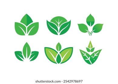 Conjunto de iconos de hojas verdes vegetarianos, veganos, ecológicos y orgánicos logotipo de hierbas etiquetas ilustración de Arte vectorial.