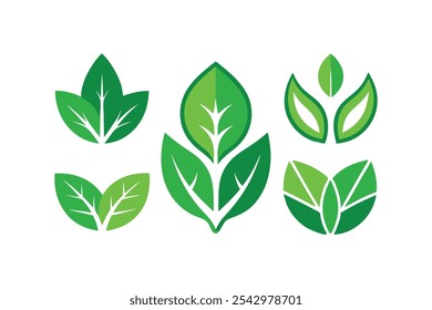 Conjunto de iconos de hojas verdes vegetarianos, veganos, ecológicos y orgánicos logotipo de hierbas etiquetas ilustración de Arte vectorial.