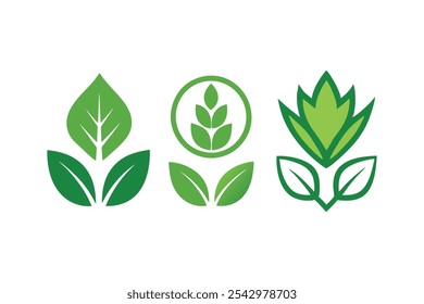 Conjunto de iconos de hojas verdes vegetarianos, veganos, ecológicos y orgánicos logotipo de hierbas etiquetas ilustración de Arte vectorial.