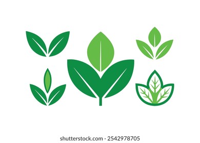 Conjunto de iconos de hojas verdes vegetarianos, veganos, ecológicos y orgánicos logotipo de hierbas etiquetas ilustración de Arte vectorial.