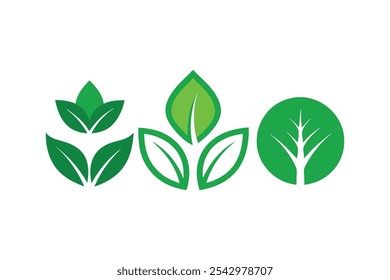 Conjunto de iconos de hojas verdes vegetarianos, veganos, ecológicos y orgánicos logotipo de hierbas etiquetas ilustración de Arte vectorial.