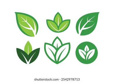 Conjunto de iconos de hojas verdes vegetarianos, veganos, ecológicos y orgánicos logotipo de hierbas etiquetas ilustración de Arte vectorial.