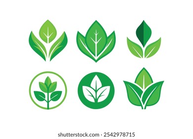 Conjunto de iconos de hojas verdes vegetarianos, veganos, ecológicos y orgánicos logotipo de hierbas etiquetas ilustración de Arte vectorial.