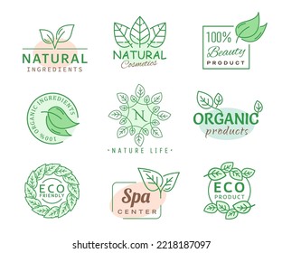 Green leaf icons, SPA, organic cosmetics or eco product, vector bio nature labels. Beauty, eco friendly and 100 percent natural ingredients, green leaf symbols for organic products and vegan cosmetics