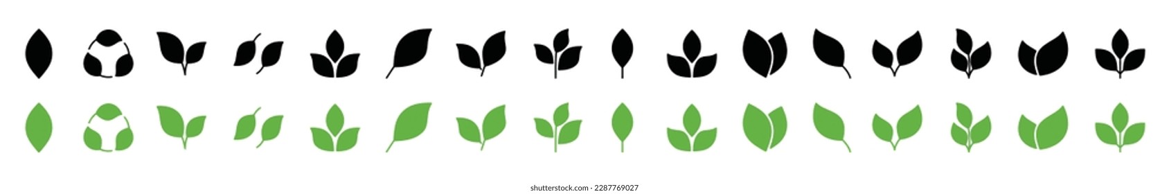 Juego de vectores de iconos de hoja verde. Silhouette de hojas. Hojas, ecología, té, naturaleza, signo de planta verde y símbolo sobre fondo blanco. Ilustración del vector