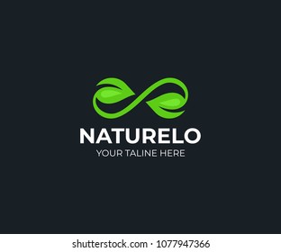 Green leaf infinity logo template. Leaves and infinity loop vector design. Natural organic logotype