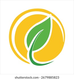 Folha Verde Dentro do Círculo Amarelo com Contorno Branco sobre Fundo Branco natureza orgânica